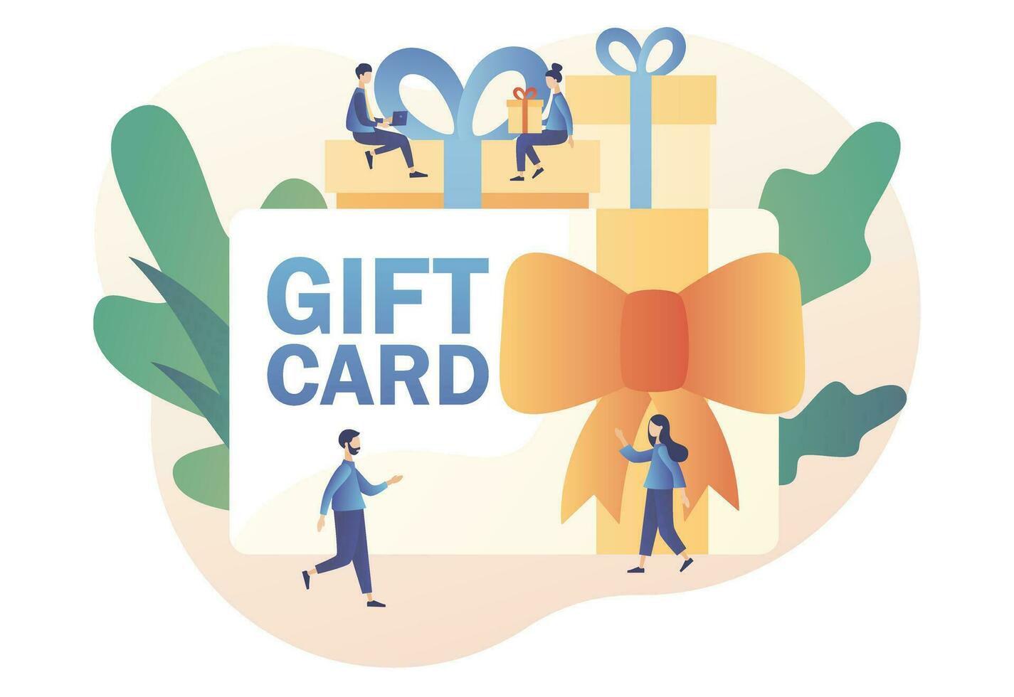 minuscolo persone dare regalo carta, certificato, voucher; tagliando o buono. saldi, lealtà programma, bonus, marketing. promozione strategia concetto. moderno piatto cartone animato stile. vettore illustrazione su bianca sfondo