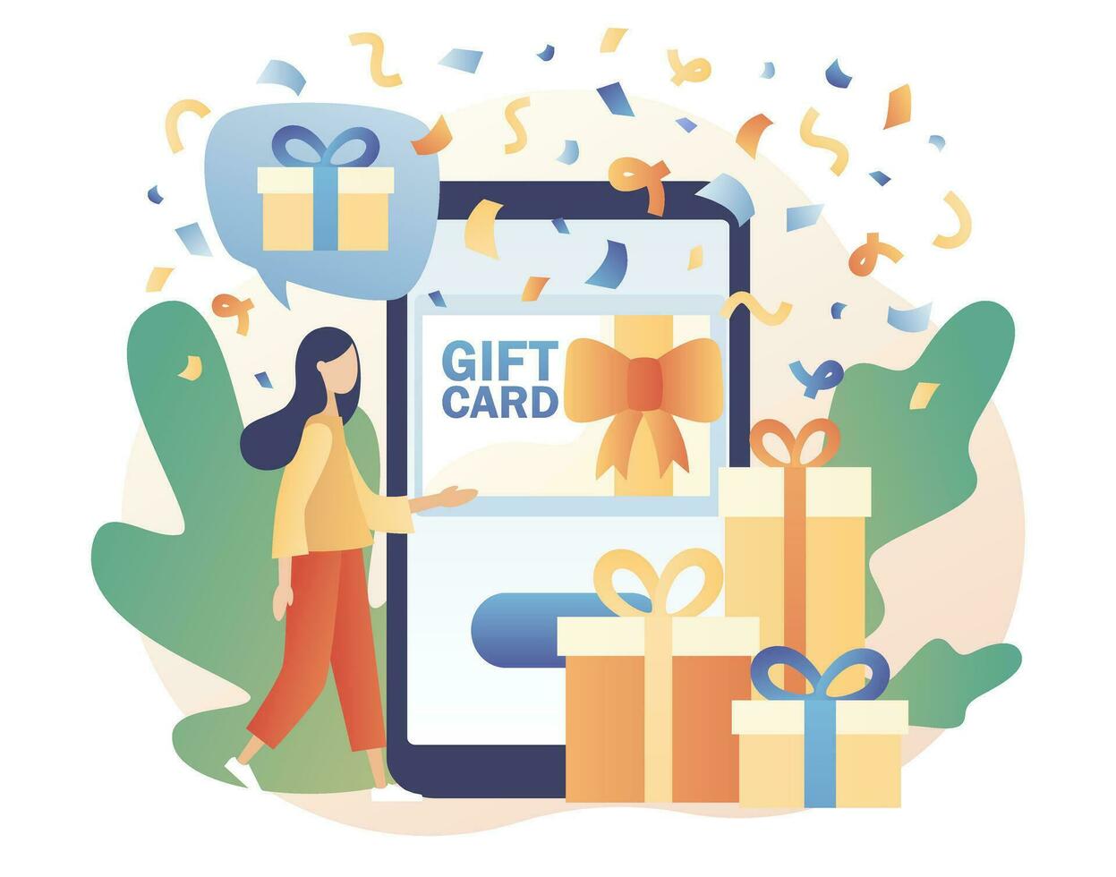 regalo carta, certificato, voucher; tagliando o buono in linea nel smartphone app. saldi, lealtà programma, bonus, marketing. promozione strategia concetto. moderno piatto cartone animato stile. vettore illustrazione