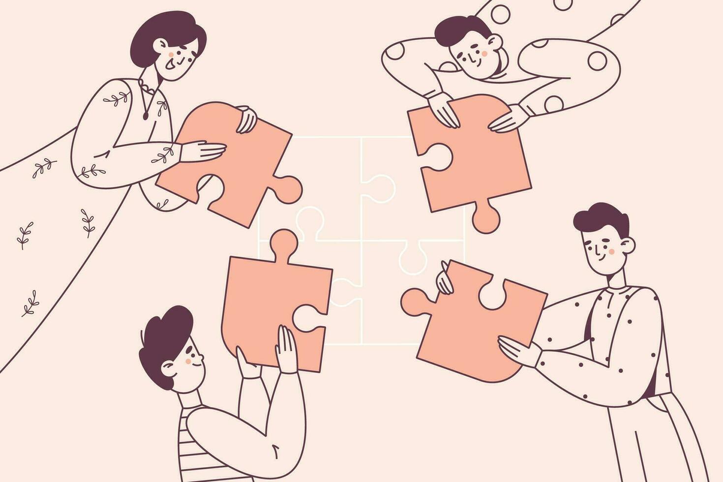 lavoro di squadra, cooperazione, collaborazione concetto. ufficio lavoratori mettendo colorato pezzi di puzzle insieme nel uno immagine nel attività commerciale vettore illustrazione