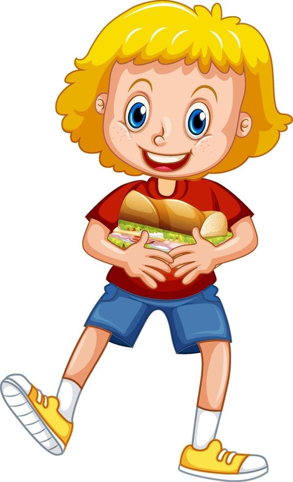 personaggio dei cartoni animati di ragazza felice che abbraccia panino cibo vettore
