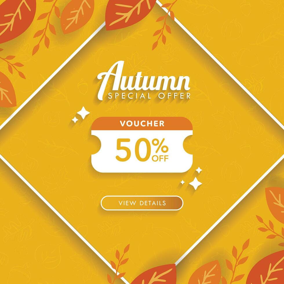 autunno speciale vendita cartello con grande voucher; tagliando icona e Visualizza dettagli cta su a tema autunnale sfondo con disegnato a mano foglie, acero, ghianda, zucca. modificabile vettore illustrazione. eps 10.