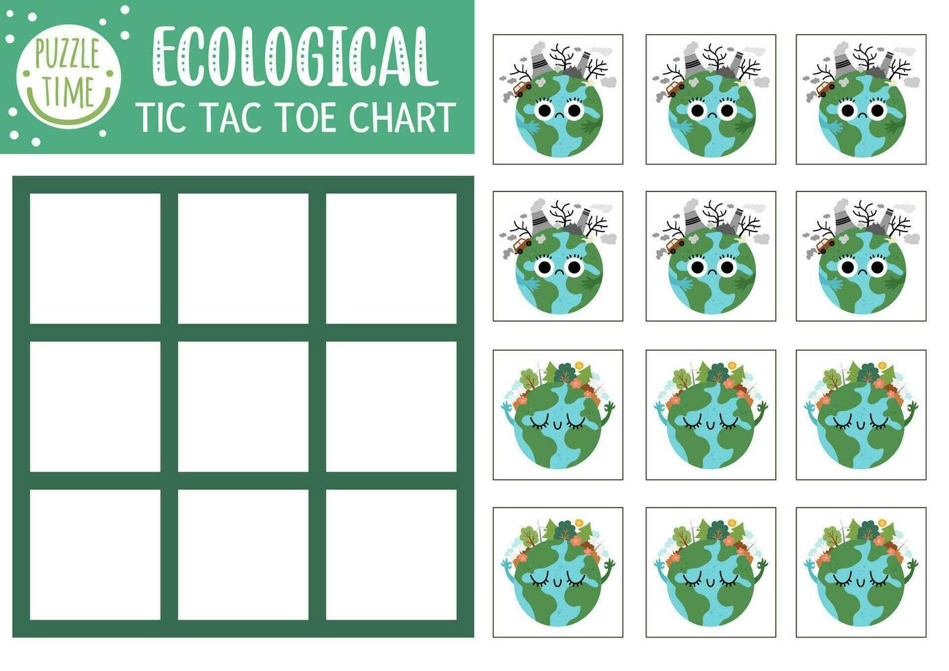 vettore ecologico tic tac dito del piede grafico con sorridente e triste inquinata pianeti. eco consapevolezza tavola gioco giocando campo. divertente terra giorno stampabile foglio di lavoro. zero e croci griglia