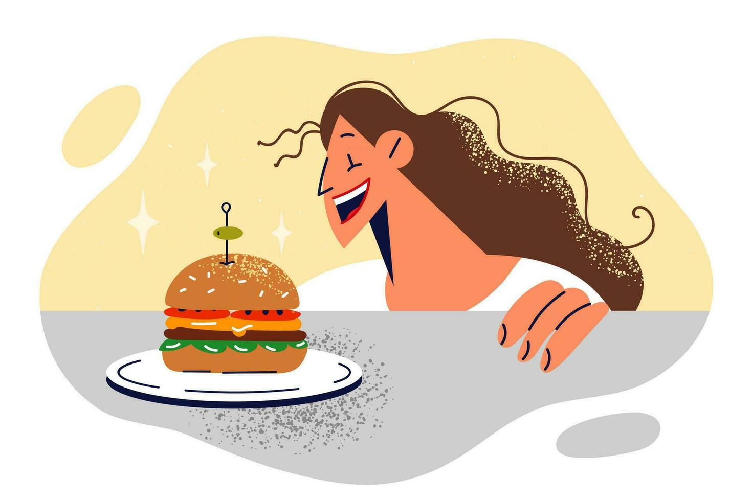 donna vicino tavolo con hamburger sorrisi nel anticipazione di delizioso pranzo nel veloce cibo ristorante o strada bar. Rifiuto cibo dipendenza metafora con halestirina causando stomaco i problemi. vettore