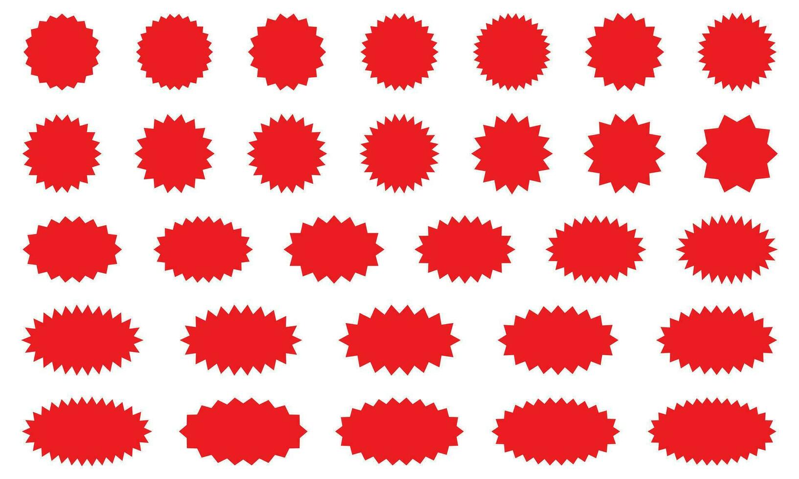 impostato di rosso esplosione di stelle, sunburst distintivi. design elementi - migliore per vendita etichetta, prezzo etichetta, qualità marchio. piatto vettore illustrazione isolato su bianca sfondo.