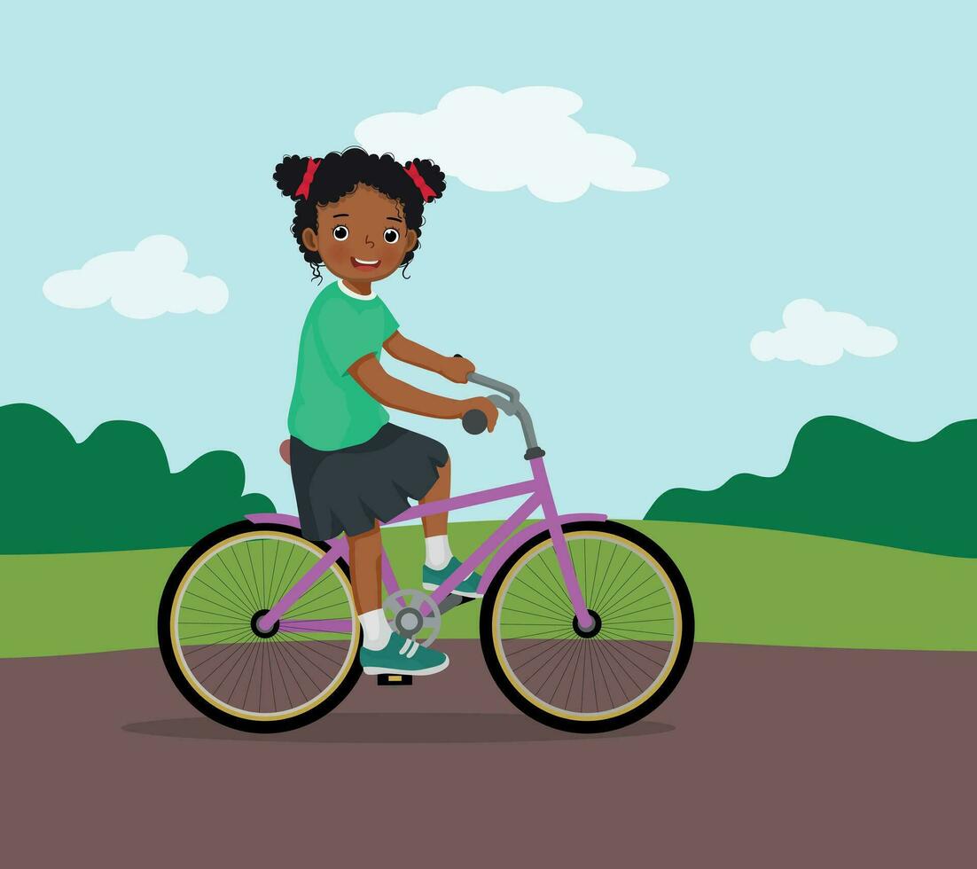 contento poco africano ragazza equitazione un' bicicletta avendo divertimento nel il parco su soleggiato giorno vettore
