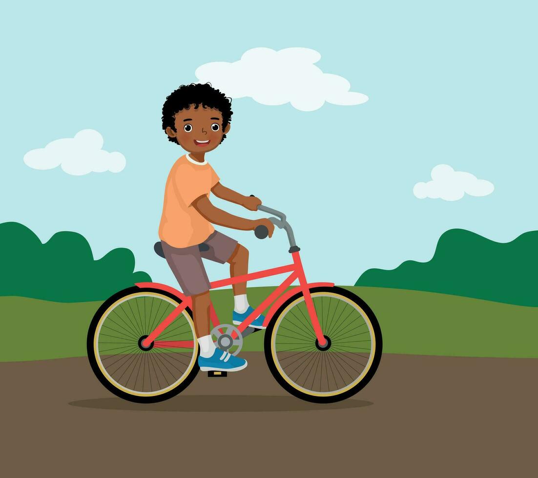 contento poco africano ragazzo equitazione un' bicicletta avendo divertimento nel il parco su soleggiato giorno vettore