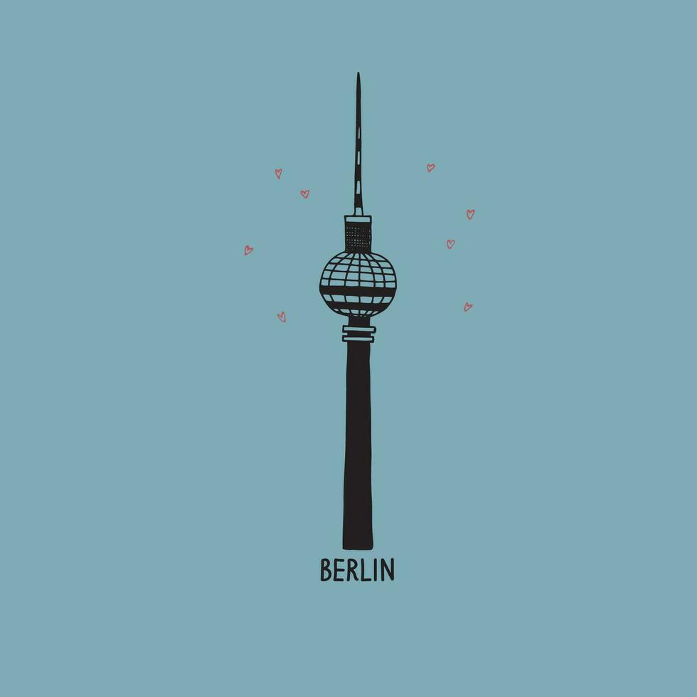 Berlino tv Torre città simbolo vettore illustrazione. Tedesco architettura e iscrizione Berlino con cuori. design elemento per cartolina, Stampa, modello, logo, maglietta Stampa, souvenir, etichetta. mano disegnato