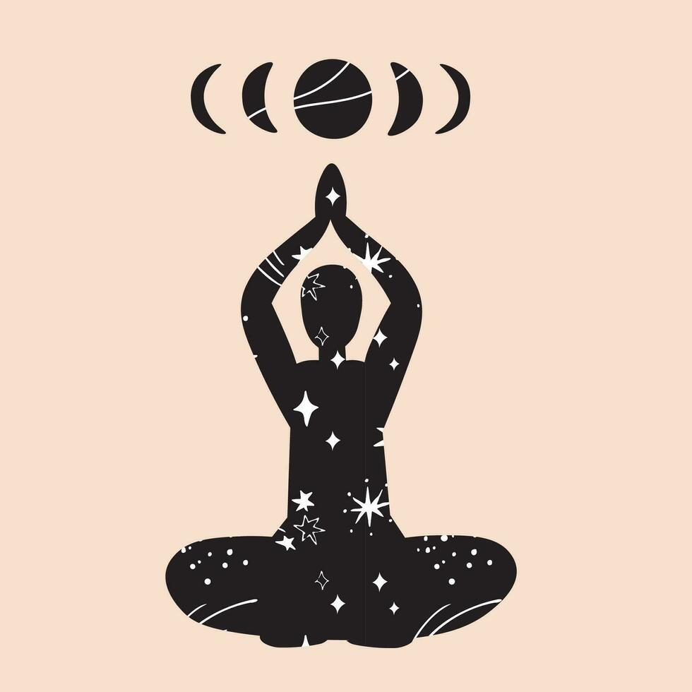 silhouette yoga Meditare uomo e fasi di il Luna. umano connessione con il cosmo e Luna, rituale pratiche, internazionale giorno di yoga modello, manifesto, cartolina, maglietta Stampa, manifesto. vettore