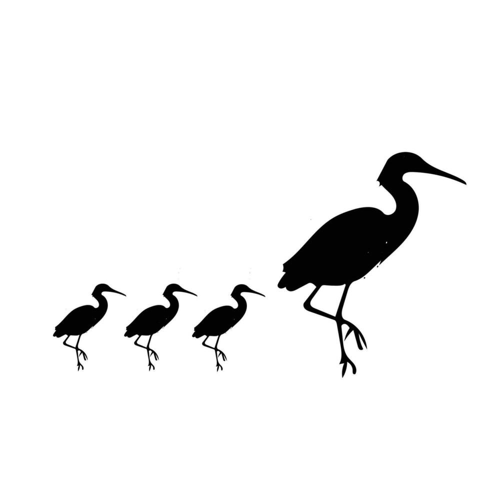 silhouette di un' airone con bambino uccelli. mano disegnato pittura illustrazione. isolato su bianca sfondo. vettore