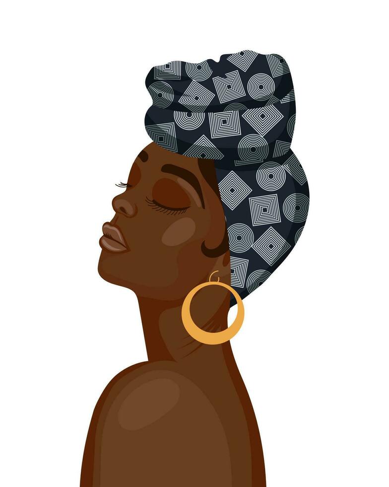 ritratto di un' bellissimo africano donna nel un' nazionale copricapo nel profilo. illustrazione, vettore