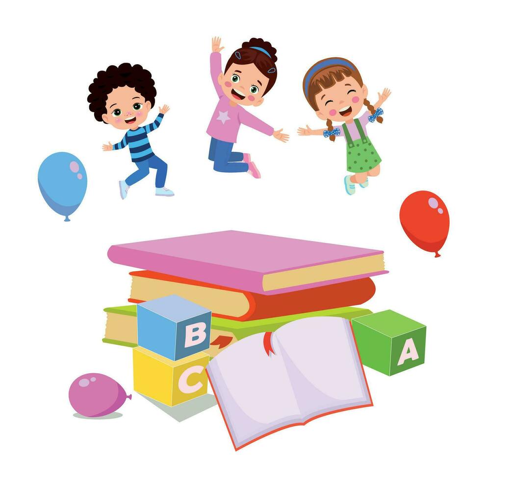 salto bambini. contento divertente bambini giocando e salto nel diverso azione pose formazione scolastica poco squadra vettore personaggi. illustrazione di bambini e bambini divertimento e Sorridi