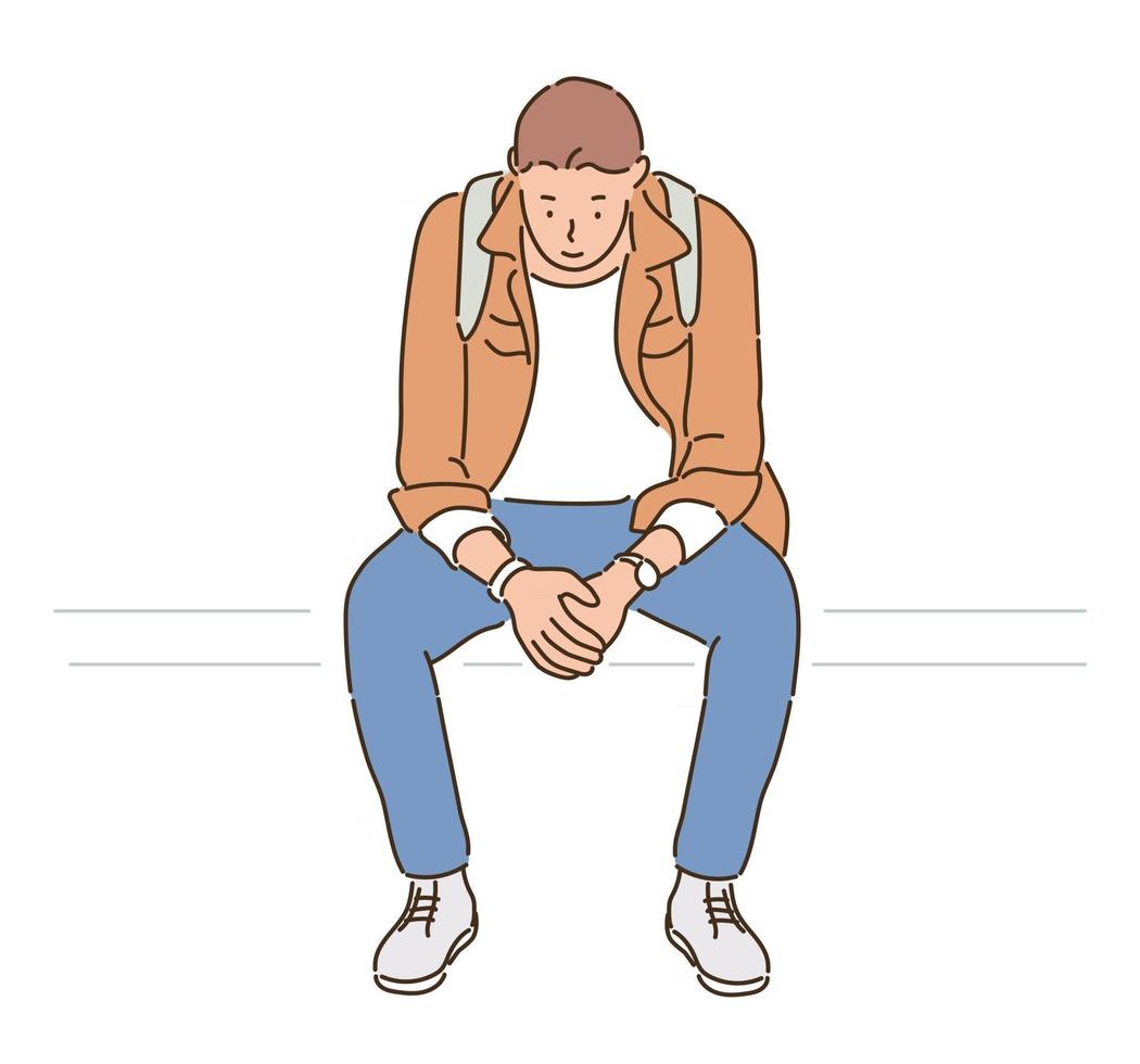 un uomo con uno zaino è seduto con un'espressione stanca. illustrazioni di disegno vettoriale stile disegnato a mano.