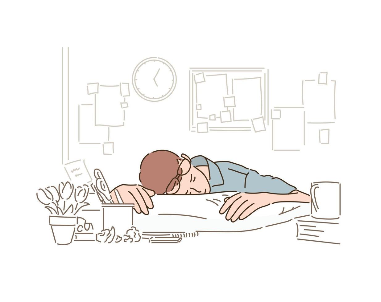 un uomo con gli occhiali sta dormendo sulla scrivania. Illustrazioni di disegno vettoriale in stile disegnato a mano.