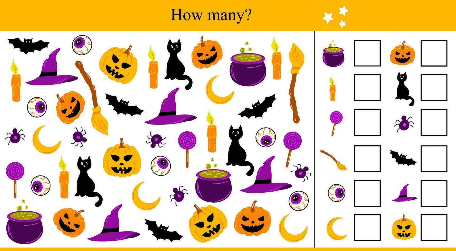 Come molti Halloween elementi. educativo gioco per bambini. autunno vettore illustrazione