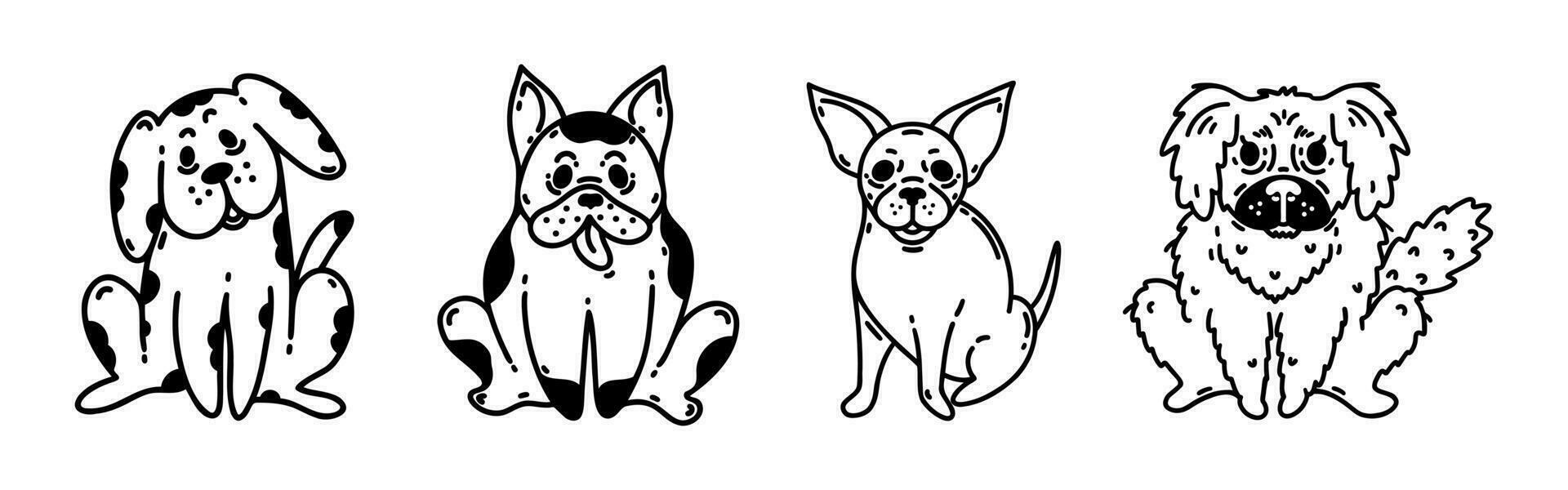 carino cani vettore impostare. cucciolo francese bulldog, chihuahua, pechinese. pedigree e outbred animali domestici. soffice, macchiato, minuscolo animali. semplice schizzo, isolato scarabocchio. nero e bianca clipart per Stampa, ragnatela