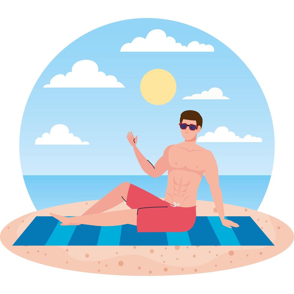 uomo sdraiato ad abbronzarsi in spiaggia, stagione delle vacanze estive vettore