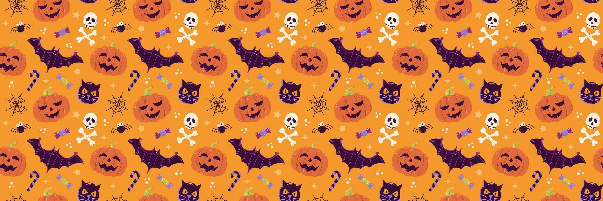 Halloween vettore senza soluzione di continuità modello design con zucca, pipistrello, gatto e cranio