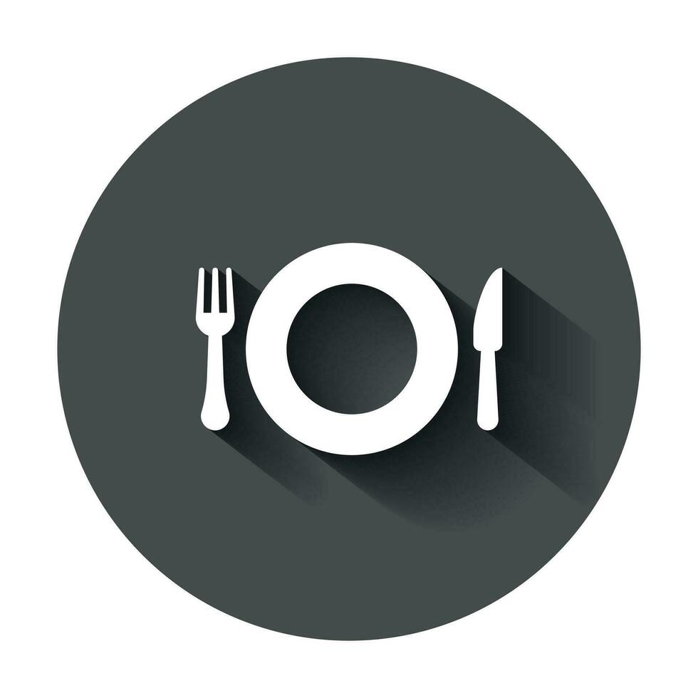 forchetta e coltello ristorante icona nel piatto stile. cena attrezzatura vettore illustrazione con lungo ombra. ristorante attività commerciale concetto.