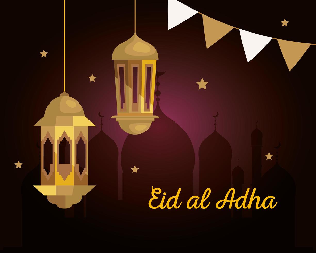 eid al adha mubarak, festa del sacrificio felice, con lanterne dorate e ghirlande decorative appese vettore