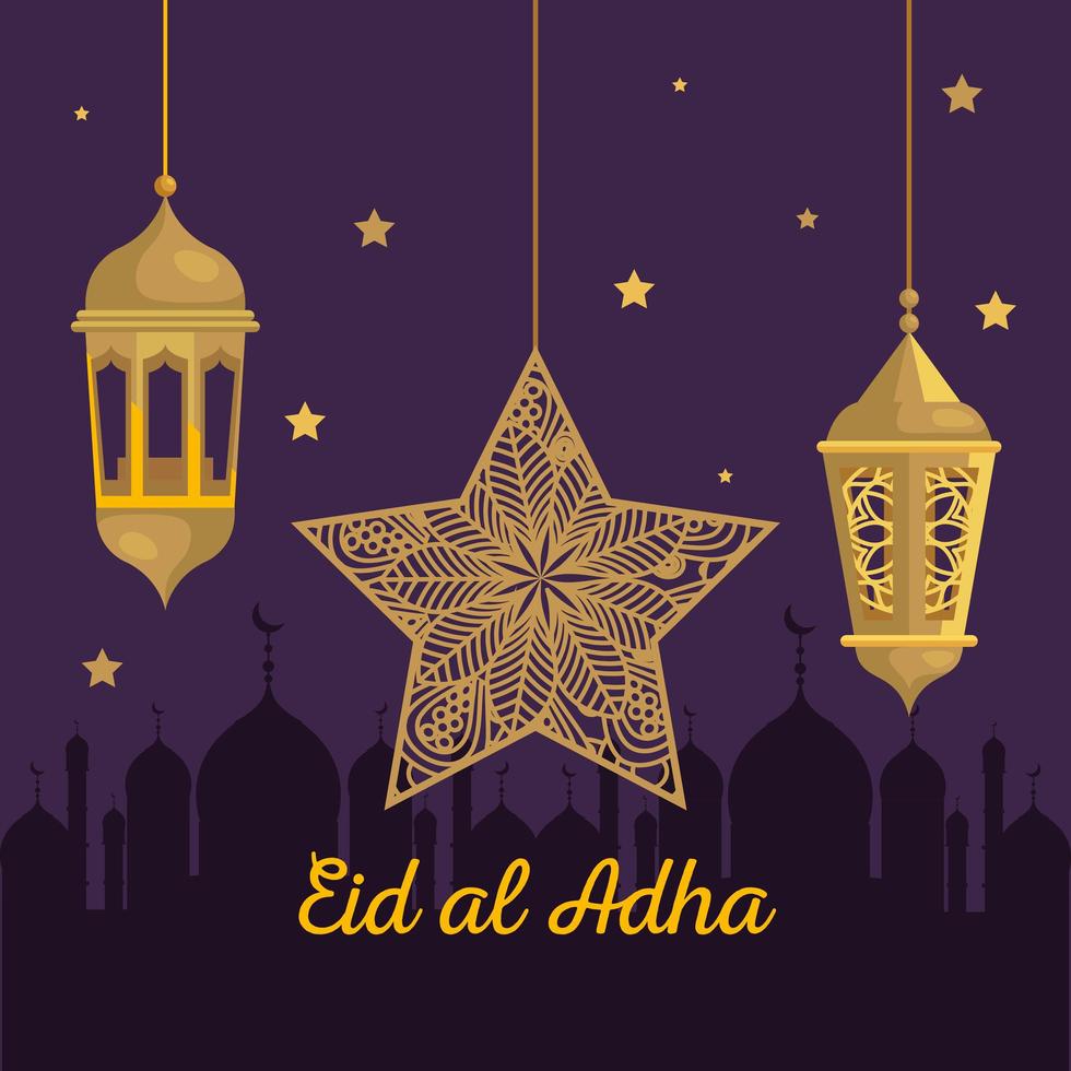 eid al adha mubarak, festa del sacrificio felice, con lanterne dorate e decorazioni appese a stelle vettore