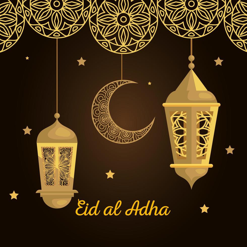 eid al adha mubarak, festa del sacrificio felice, con lanterne dorate e decorazioni appese alla luna vettore