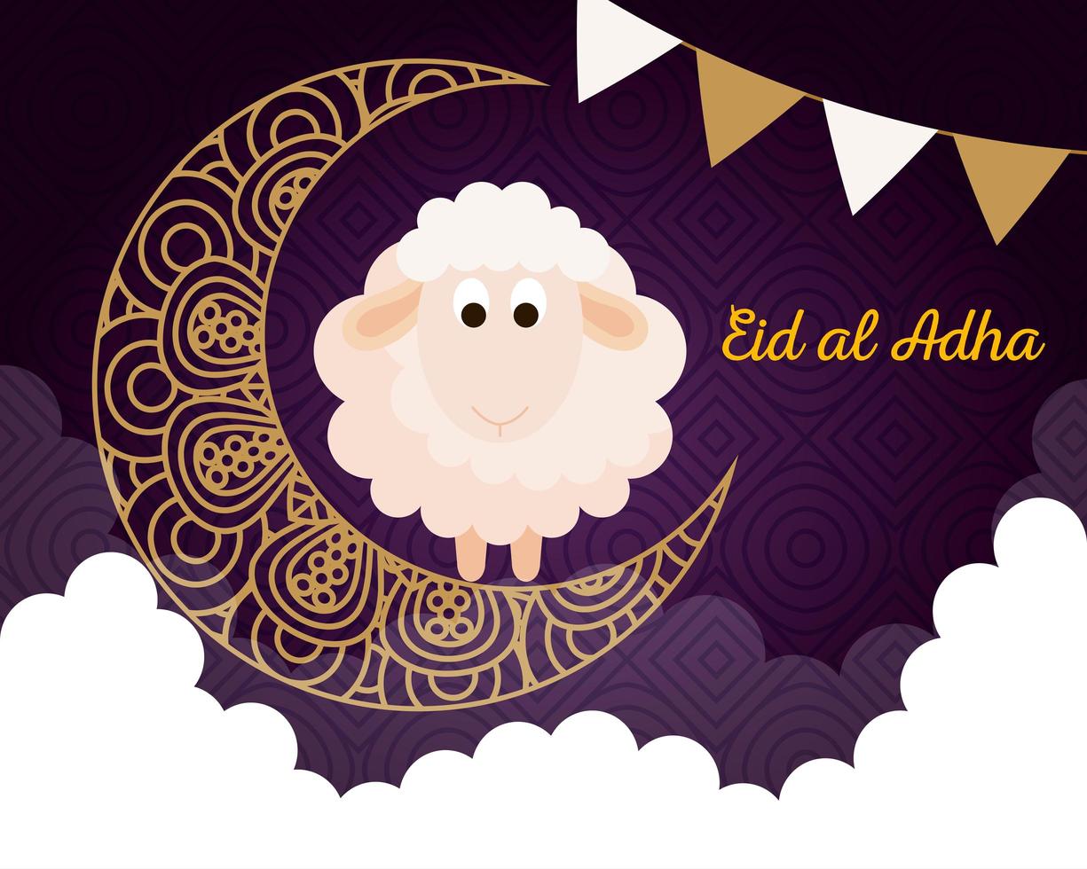 celebrazione del festival della comunità musulmana eid al adha, carta con pecora sacrificale e luna su sfondo notturno nuvoloso vettore