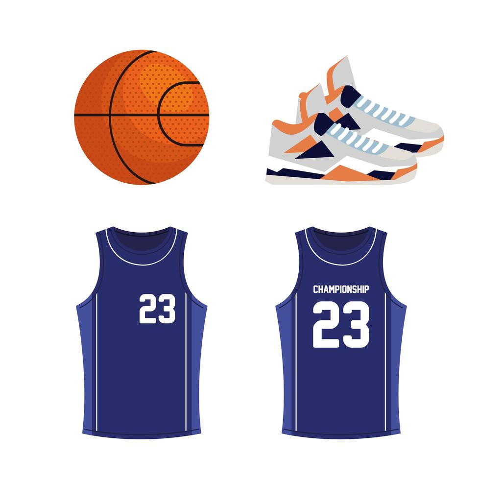 set di icone di basket, contiene icone come palla, scarpe, magliette vettore