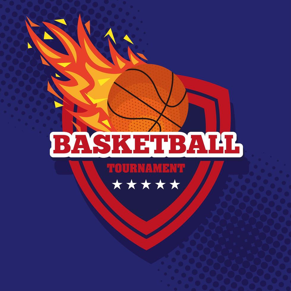 torneo di basket, emblema, design con palla da basket, fiamma con palla e scudo vettore
