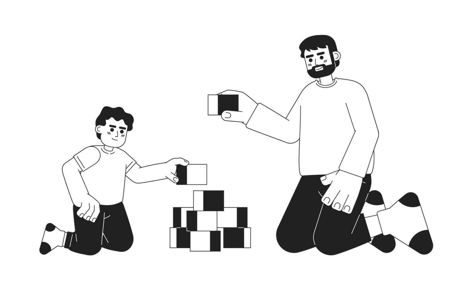 padre e figlio giocando monocromatico vettore individuare illustrazione. bambino piccolo ragazzo edificio piramide con papà 2d piatto bw cartone animato personaggi per ragnatela ui design. genitore bambino isolato modificabile mano disegnato eroe Immagine