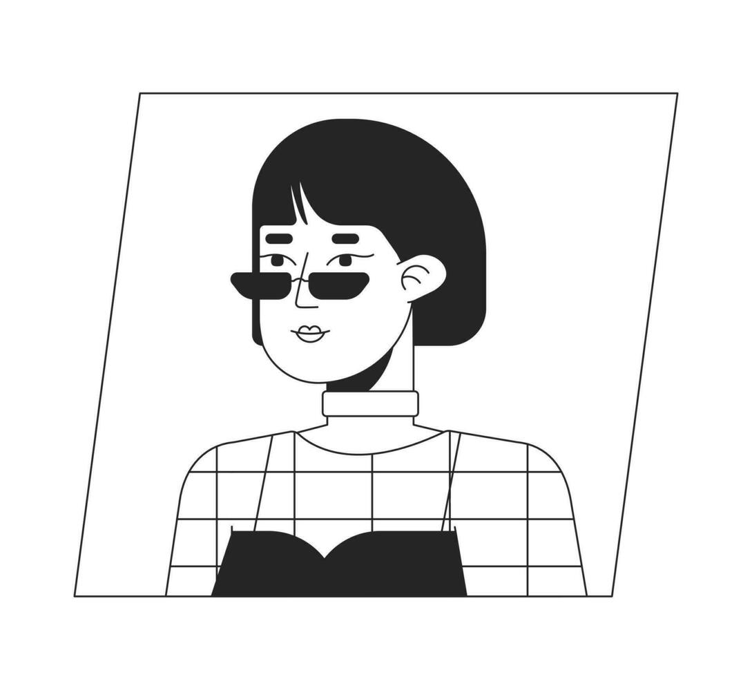 asiatico donna con peso acconciatura e occhiali da sole nero bianca cartone animato avatar icona. modificabile 2d personaggio utente ritratto, lineare piatto illustrazione. vettore viso profilo. schema persona testa e le spalle