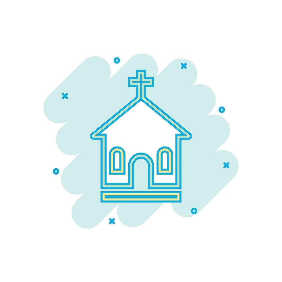 cartone animato colorato Chiesa santuario icona nel comico stile. tempio edificio illustrazione pittogramma. Chiesa cartello spruzzo attività commerciale concetto. vettore