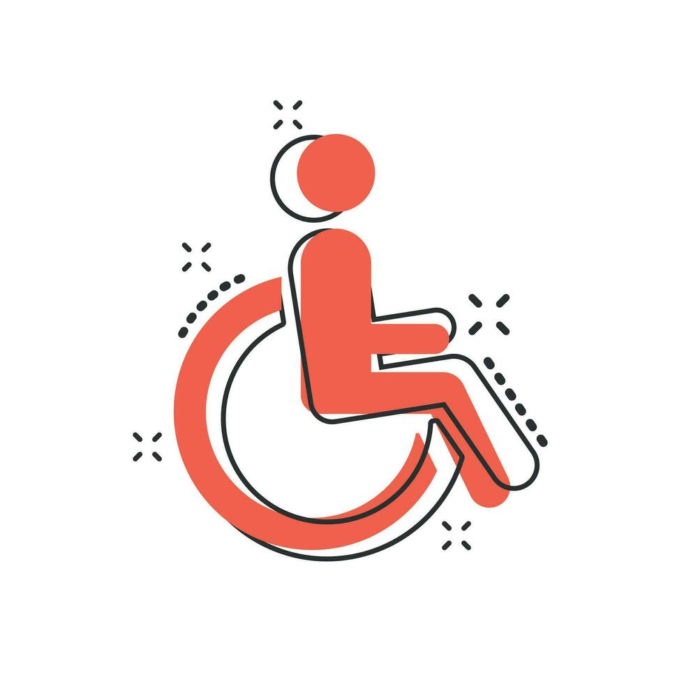 vettore cartone animato uomo nel sedia a rotelle icona nel comico stile. portatori di handicap non valido cartello illustrazione pittogramma. persone attività commerciale spruzzo effetto concetto.