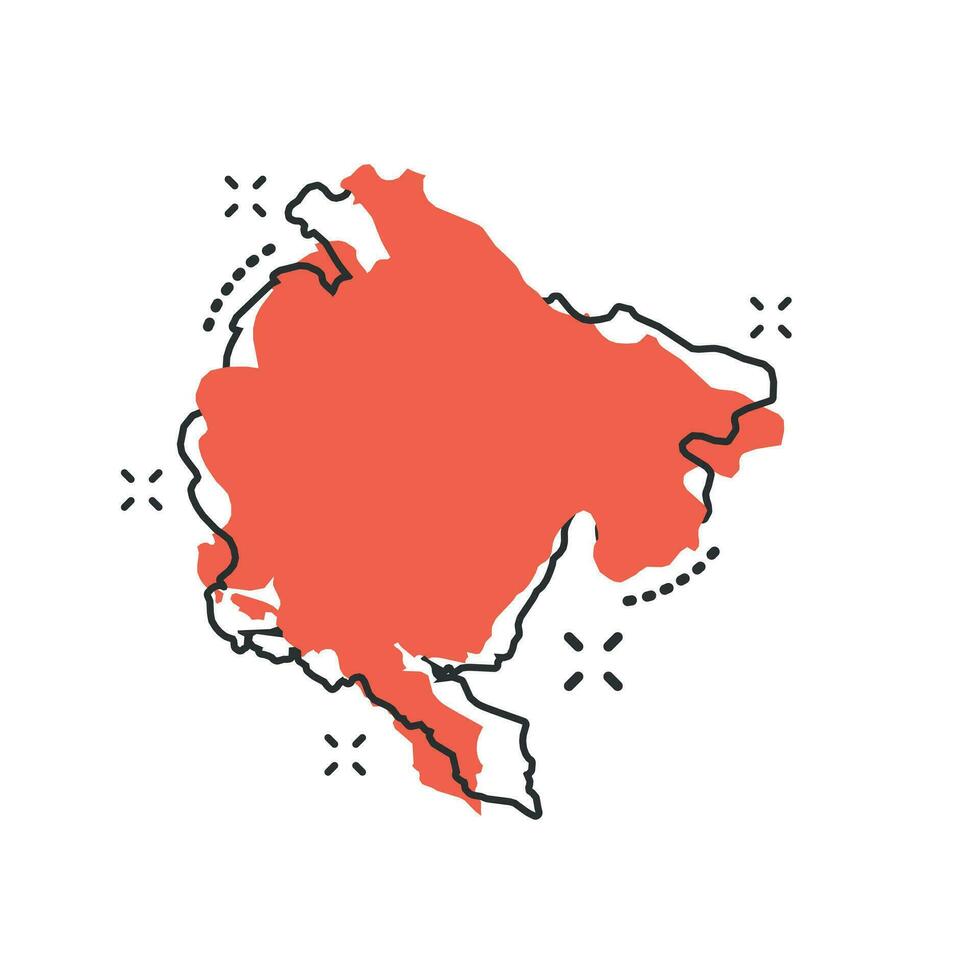 vettore cartone animato montenegro carta geografica icona nel comico stile. montenegro cartello illustrazione pittogramma. cartografia carta geografica attività commerciale spruzzo effetto concetto.