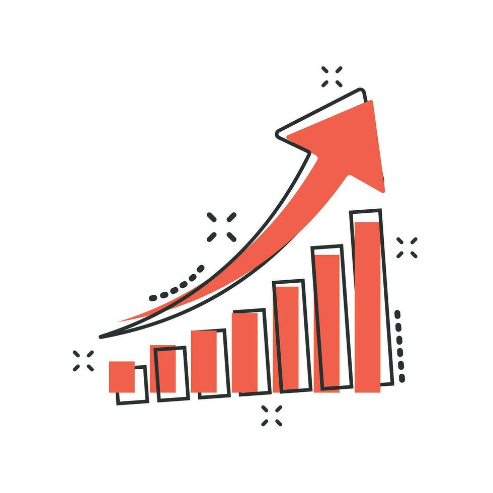 vettore cartone animato crescita grafico icona nel comico stile. crescere diagramma cartello illustrazione pittogramma. aumentare freccia attività commerciale spruzzo effetto concetto.