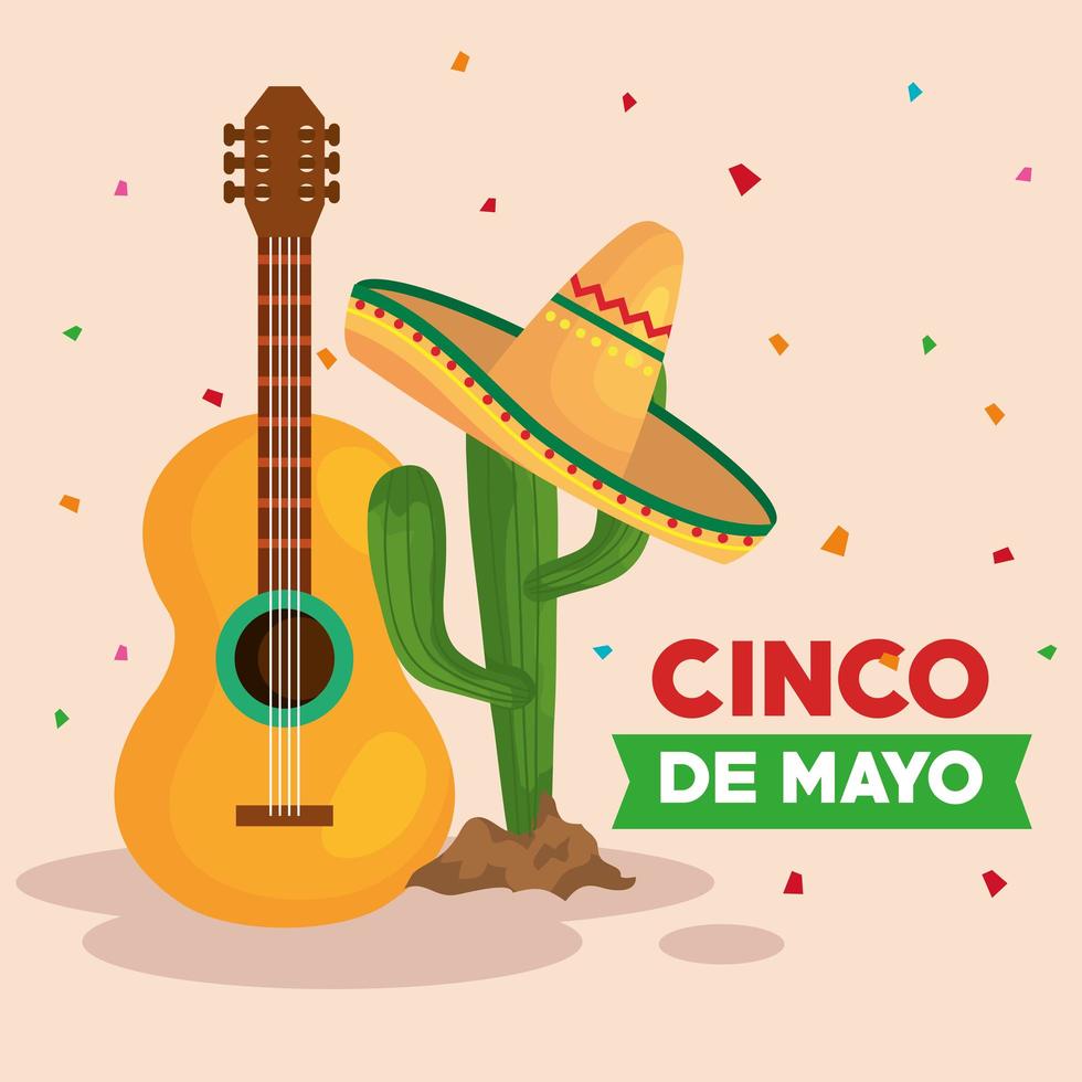 poster di cinco de mayo con cactus e icone tradizionali vettore