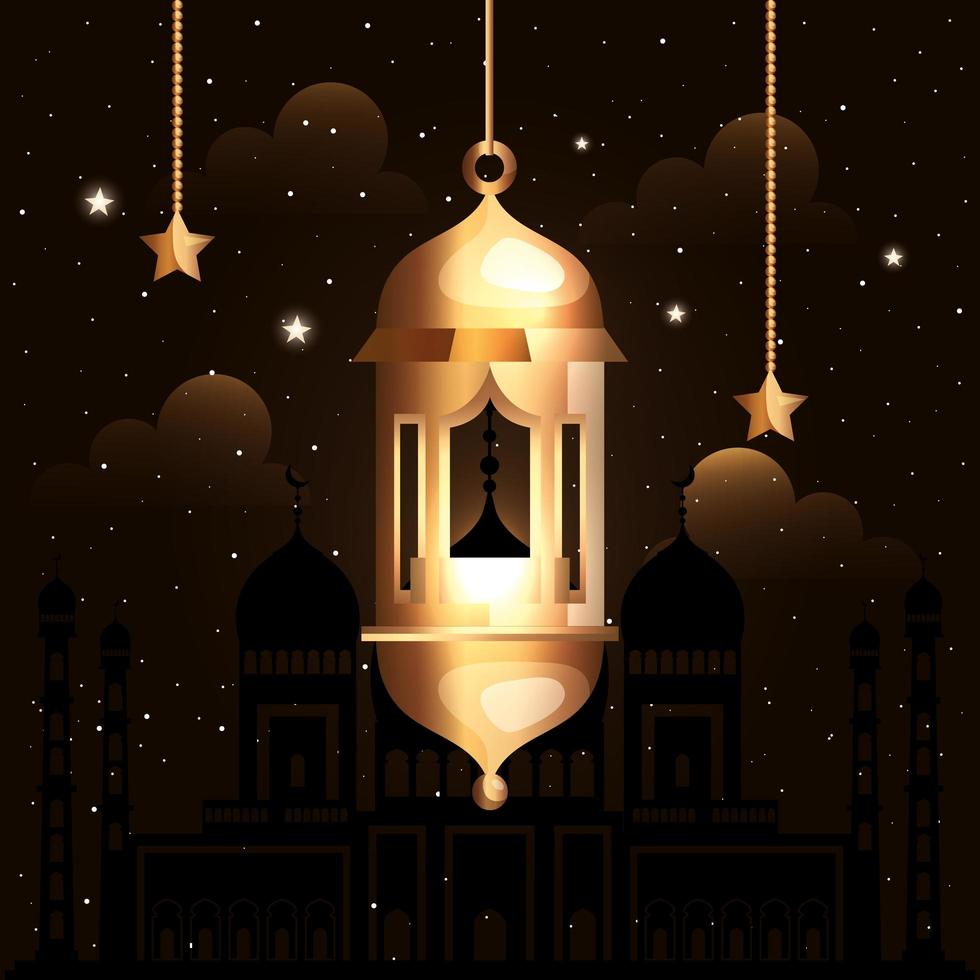 poster di ramadan kareem con lanterna e stelle appese vettore