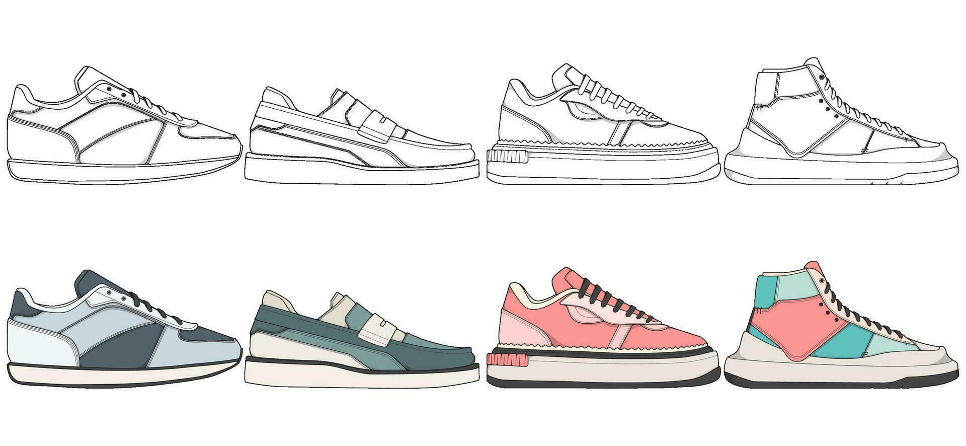 impostato di scarpe sneaker disegno vettore, scarpe da ginnastica disegnato nel un' schizzo stile, impacchettare scarpe da ginnastica formatori modello, vettore illustrazione.