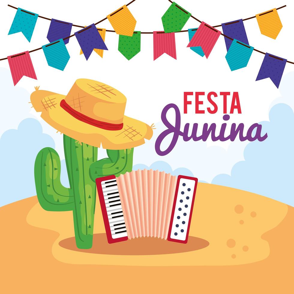 poster di festa junina con fisarmonica e icone tradizionali vettore