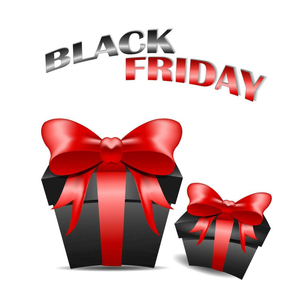 decorativo nero regalo scatola con rosso arco e prezzo etichetta isolato su bianca per nero Venerdì vendita design. vettore illustrazione.