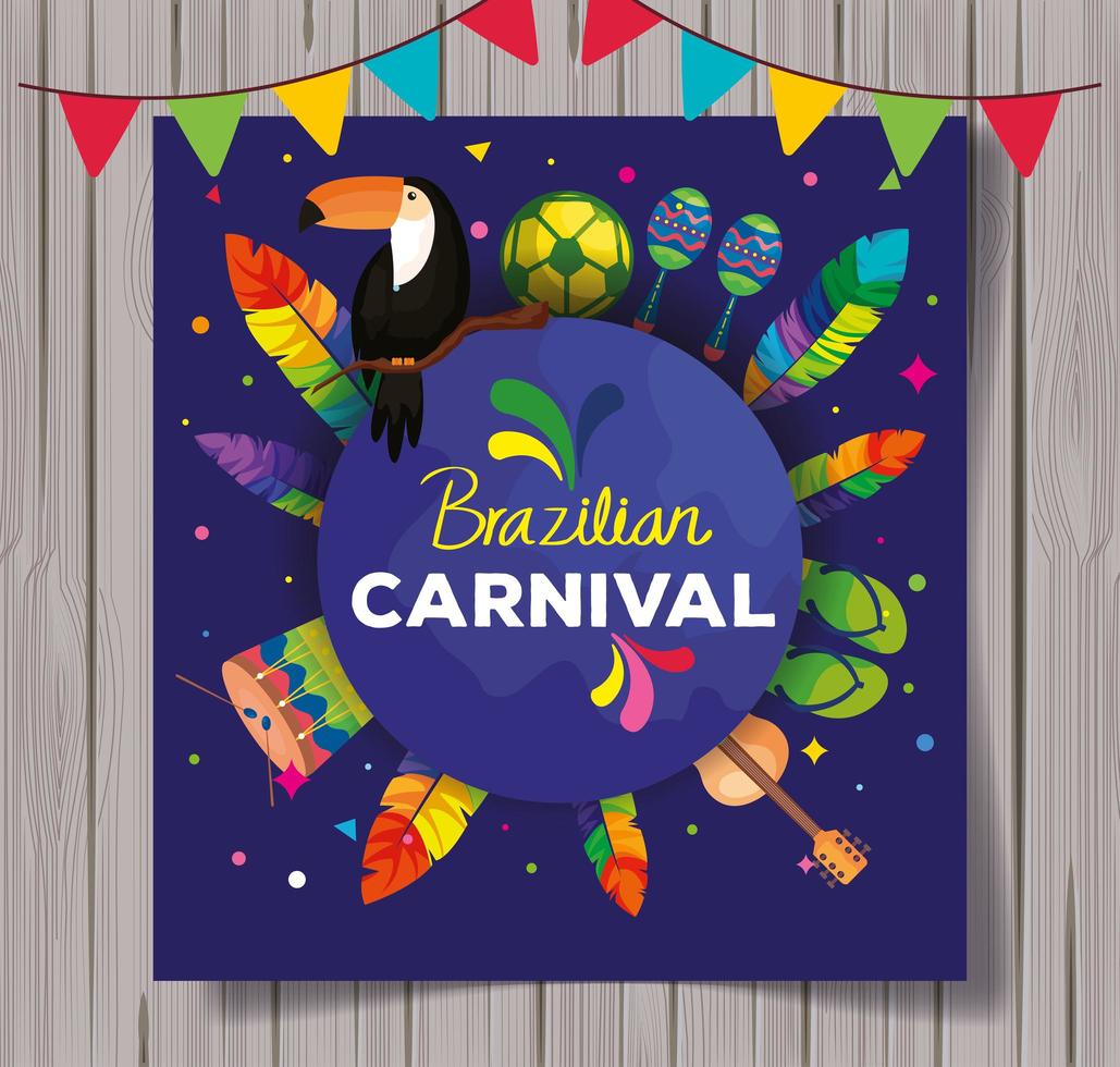 poster del carnevale brasiliano e cornice circolare con icone tradizionali vettore