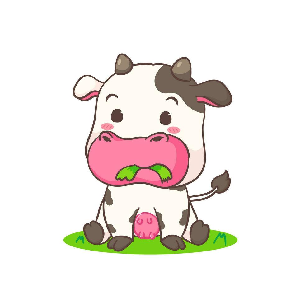carino mucca mangiare erba cartone animato carattere. adorabile animale concetto design. isolato bianca sfondo. vettore illustrazione
