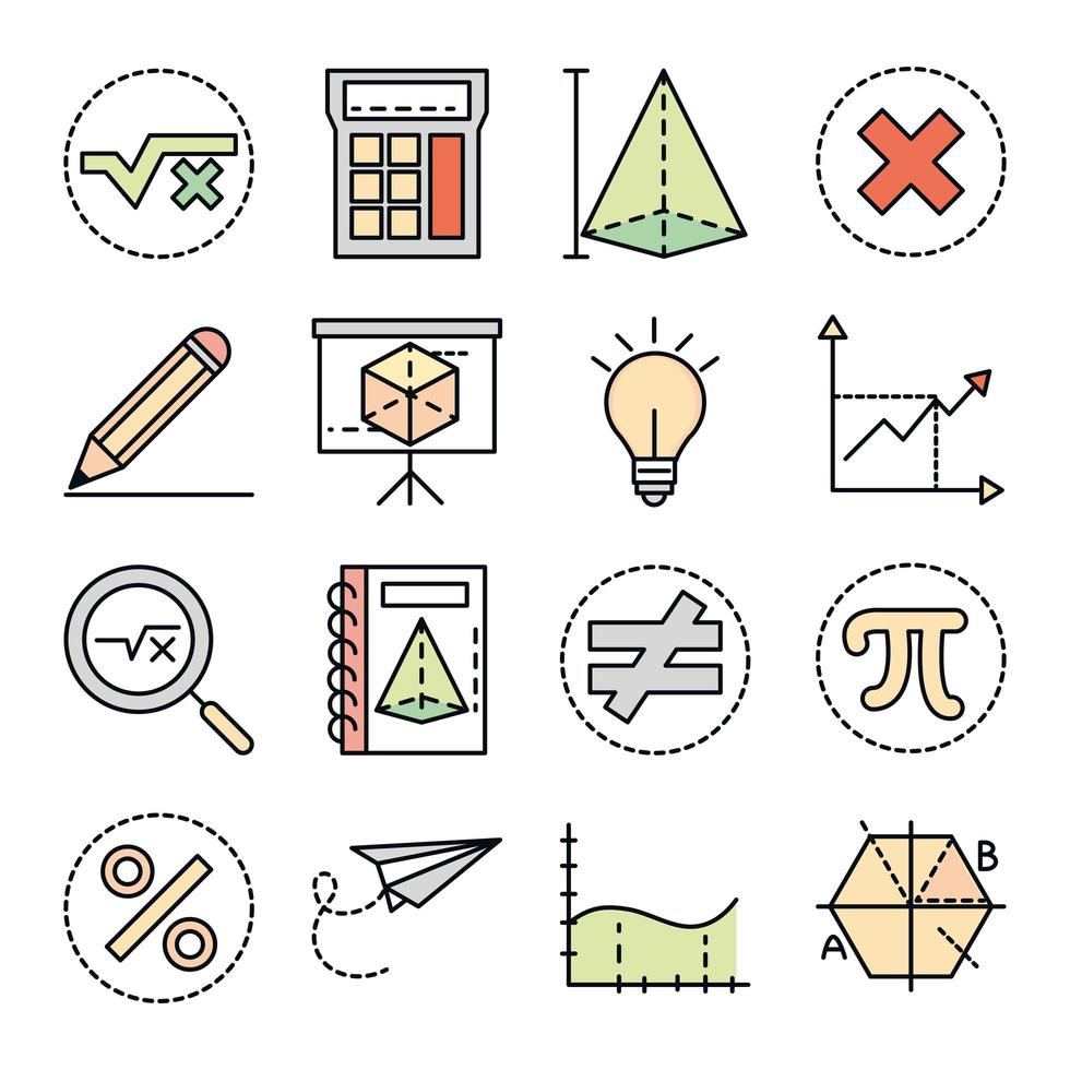 linea di raccolta di icone di scienze della scuola di educazione matematica e stile di riempimento vettore