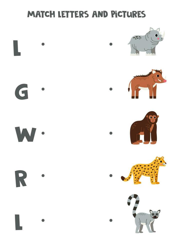 incontro lettere e immagini. logico puzzle per bambini. africano animali. vettore