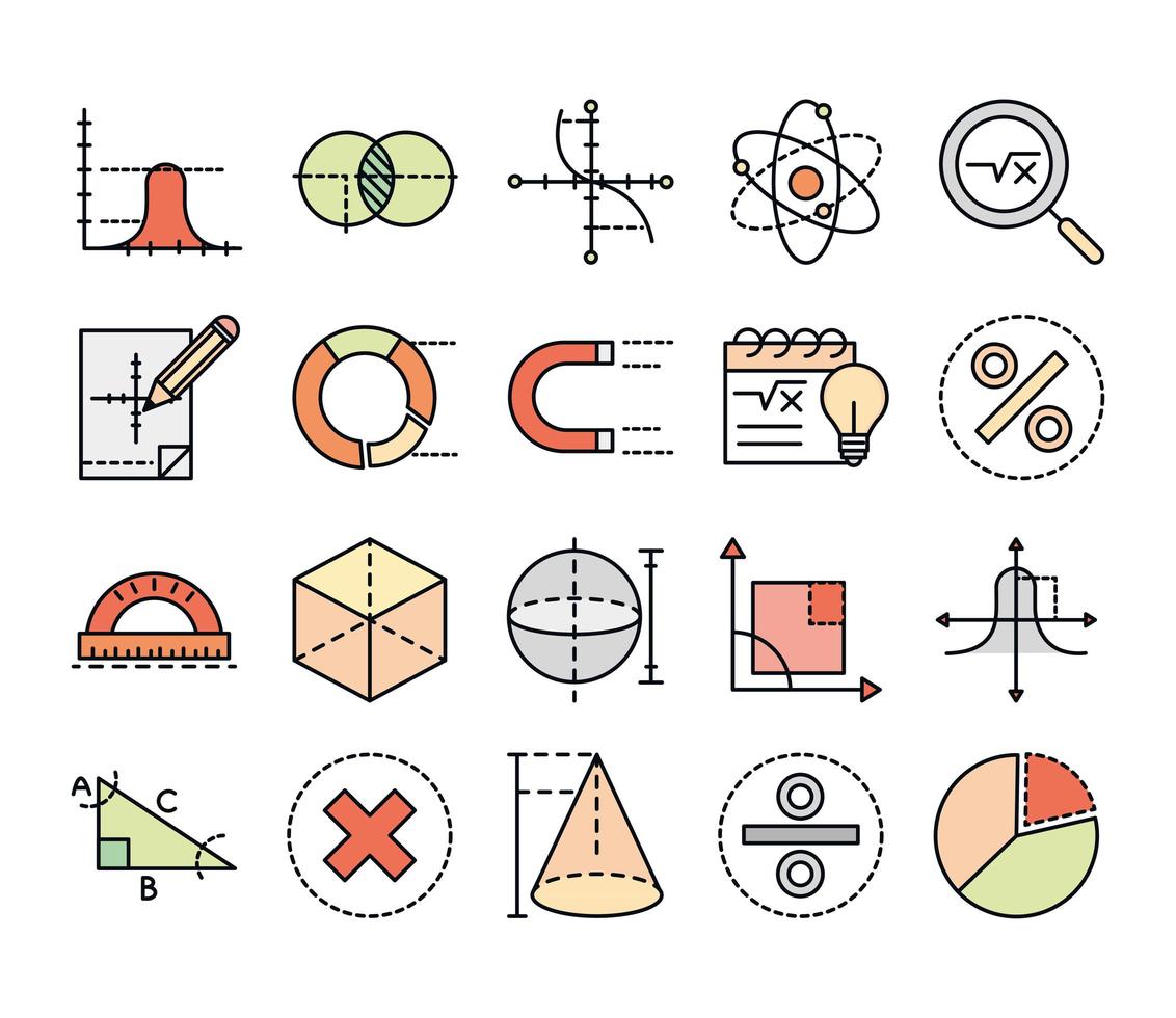 linea di raccolta di icone di scienze della scuola di educazione matematica e stile di riempimento vettore