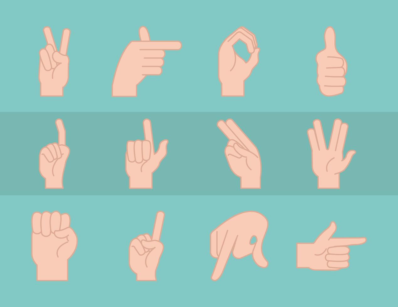 linea del pacchetto di gesti delle mani della lingua dei segni e icone di riempimento vettore