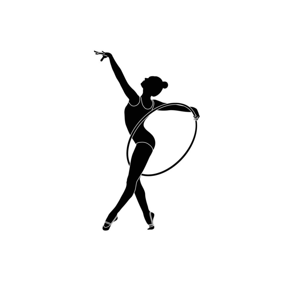 cerchio ritmico ginnastica piatto sihouette vettore. ritmico ginnastica femmina atleta nero icona su bianca sfondo. vettore