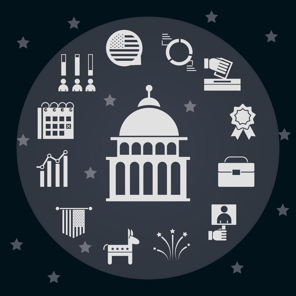 Stati Uniti elezioni politiche campagna elettorale celebrazione silhouette icone collection vettore