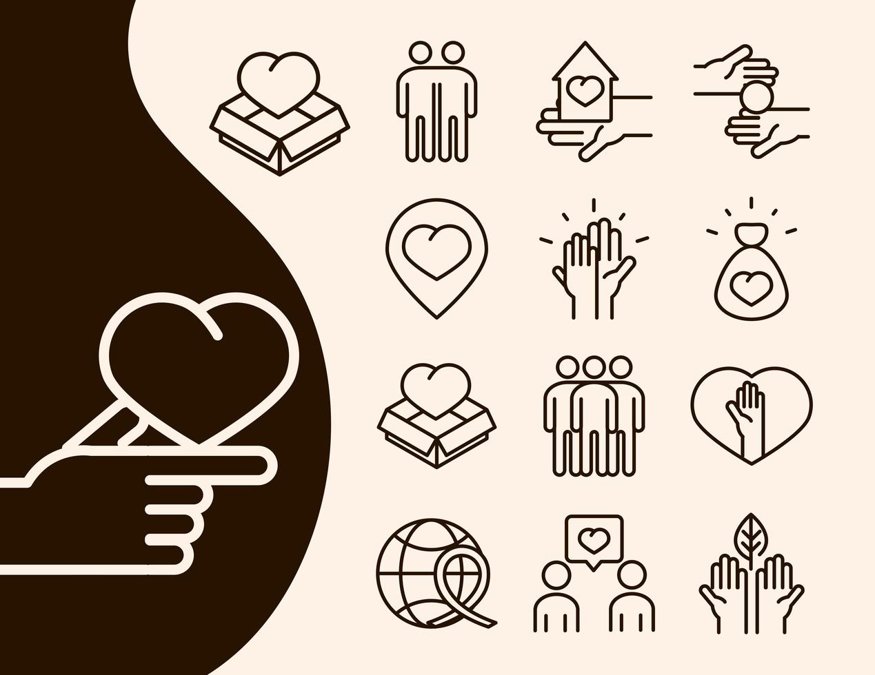 comunità insieme donazione di beneficenza e set di icone della linea d'amore vettore