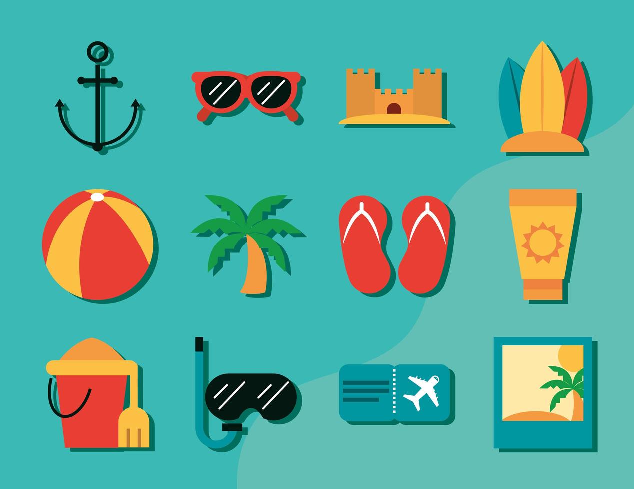 vacanze estive viaggi ricreazione avventura raccolta icone stile piatto vettore