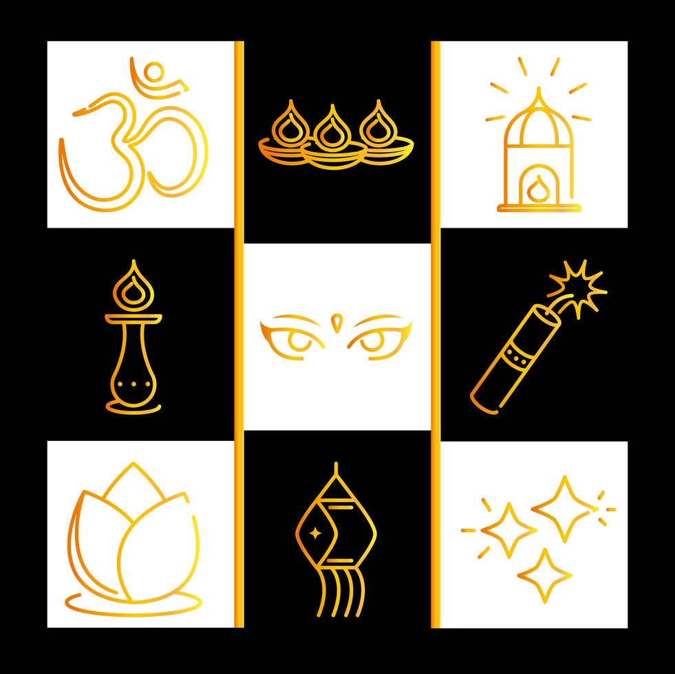 felice diwali india festival deepavali religione evento stile gradiente icone set vector